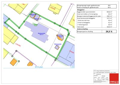 Situasjonsplan (BYA-plan) som viser bebyggelse, tomtegrenser og beregnet utnyttelsesgrad.