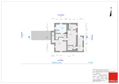 Etasjeplan (Kjeller plan) med romfordeling, mål og fasadeindikasjoner