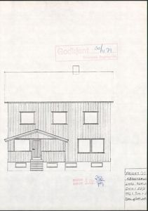 Fasadetegning av en toetasjes bygning med vinduer, dør og takform