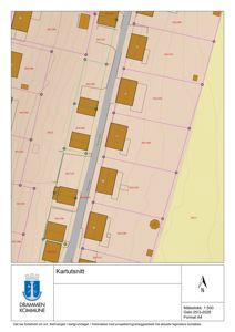 Situasjonsplan eller kartutsnitt som viser eiendomsgrenser, bygningstomter og vegnett i et nabolag.