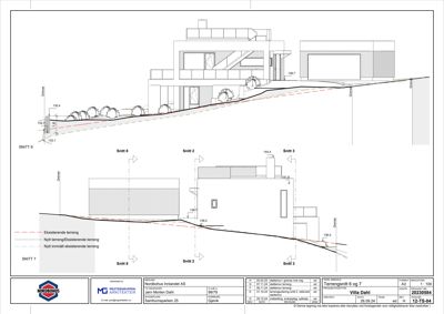 Snittegning (Snitt 6, 7, 8, 2, 3) som viser bygningens tverrsnitt, høyder, terrengforhold og konstruksjonsdetaljer.