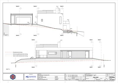 Snittegning (Terrensnitt 1 og 2) som viser bygningens høyde i forhold til terrenget, takhøyder og grunnkonstruksjon.