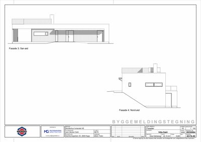 Tegning som viser fasadeoppsettet for bygningen sett fra sør-øst og nord-øst.