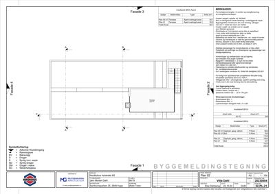 Fasadetegning som viser bygningens utseende fra tre sider (Fasade 1, 2 og 3) med mål, vindusopplysninger og merknader om materialer og konstruksjon.