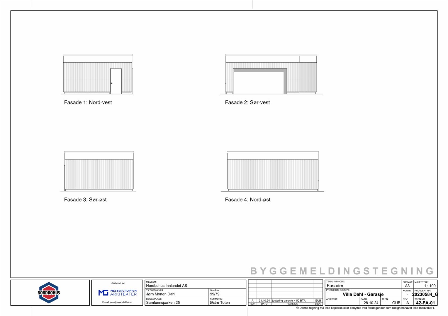 Fasadetegning som viser fire utsnitt av en garasje (Nord-vest, Sør-vest, Sør-øst, Nord-øst).