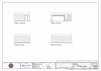 Fasadetegning som viser fire utsnitt av en garasje (Nord-vest, Sør-vest, Sør-øst, Nord-øst).