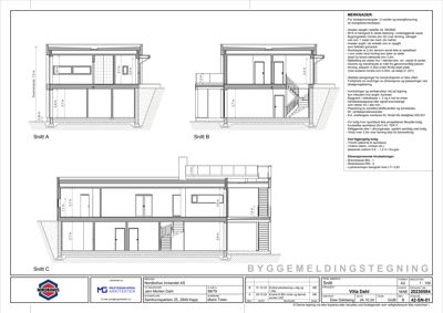 Byggemeldingstegning som viser tre snittegninger (Snitt A, B og C) av en toetasjes bolig, med mål, konstruksjonsdetaljer og merknader om materialer og krav.