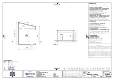 Fasadetegning med oppriss av bygningens ytre form, inkludert snitt A-A og merknader om mål og materialer.