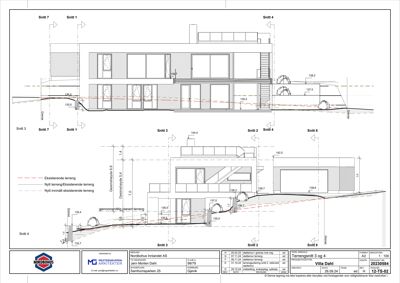 Tverrsnitttegning (snitt) av en villa som viser konstruksjon, høyder og terrengforhold.