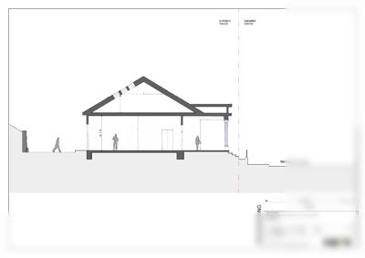 Snittegning (BRUKSENDING) som viser bygningens tverrsnitt, høyder, takform og grunnplan.