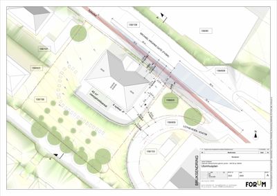 Bruksendring (situasjonsplan) som viser bygningens plassering i forhold til veier, nabotomter og parkeringsplasser.
