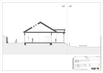 Snittegning (BRUKSENDING) som viser bygningens tverrsnitt, høyder, takform og grunnplan.