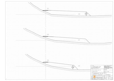 Tverrsnitt eller profiltegning som viser terrengform og nivåer (150, 200, 250) med høydeangivelser.