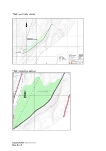 Situasjonsplaner som viser to ulike tiltak (opprinnelig og nåværende søknad) med arealopplysninger og topografi.