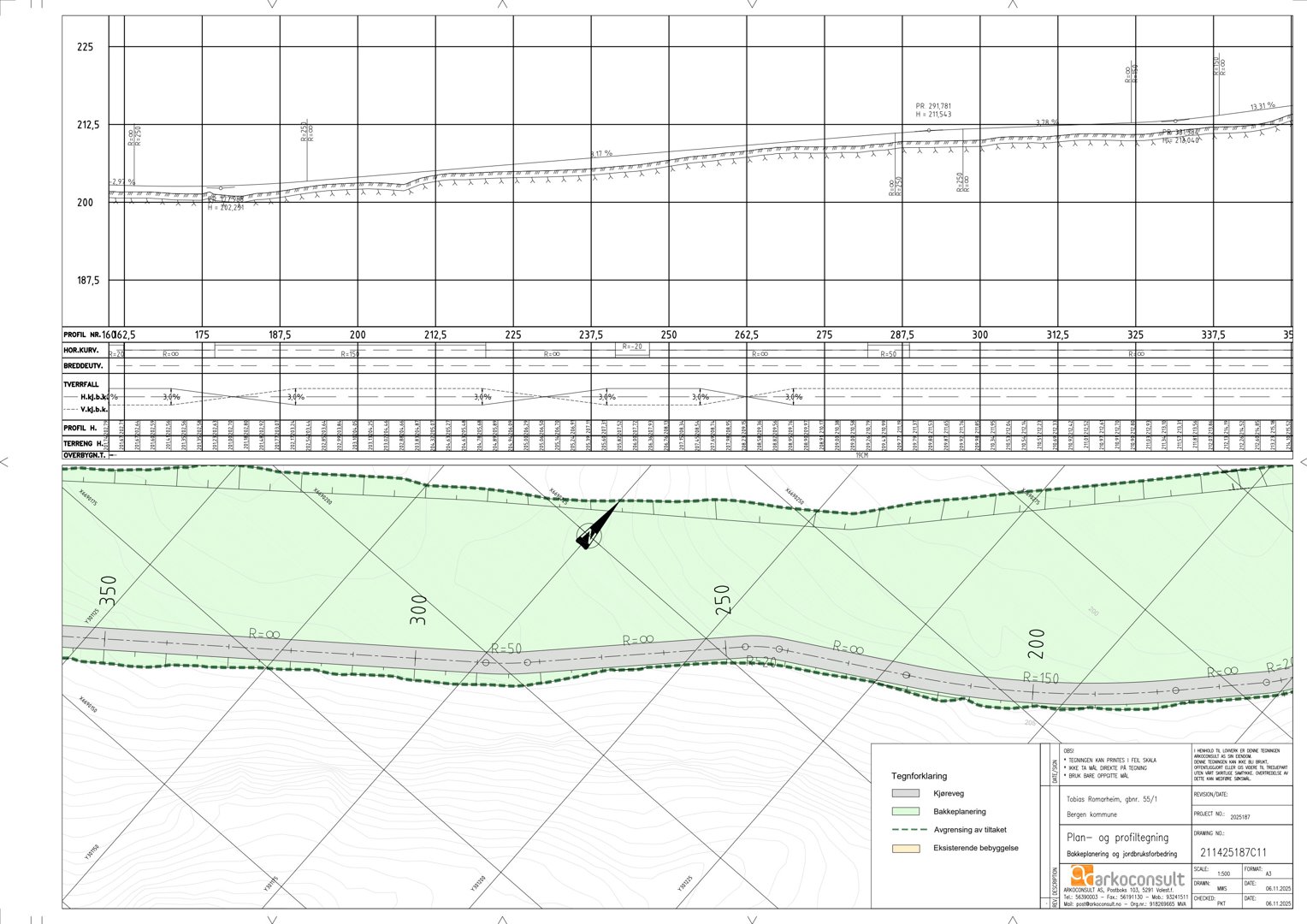 Snittegning som viser grunnforhold, terrengprofil og planlagt vei/profil langs en trasé.