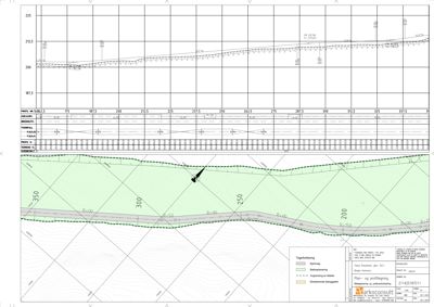 Snittegning som viser grunnforhold, terrengprofil og planlagt vei/profil langs en trasé.