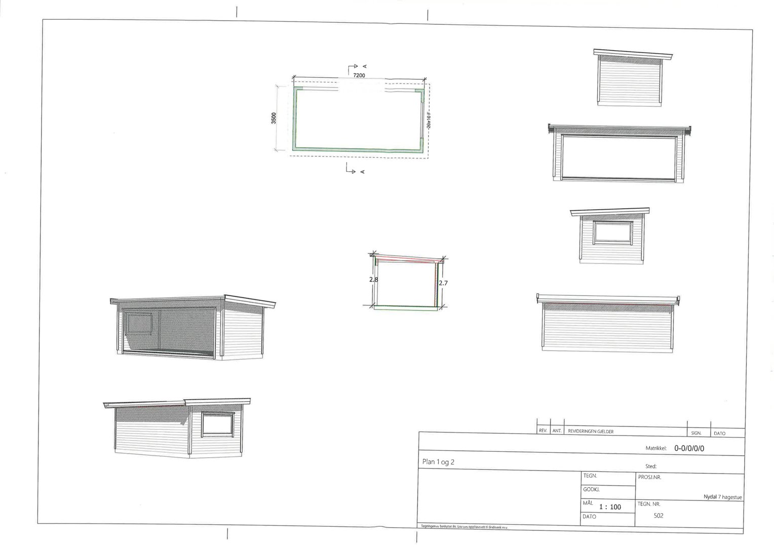 Bildet viser en 3D-visualisering (rendering) av et lite hus eller hytte sett fra flere vinkler, inkludert fasader og et snitt. Det er også tegnet inn mål på taket.