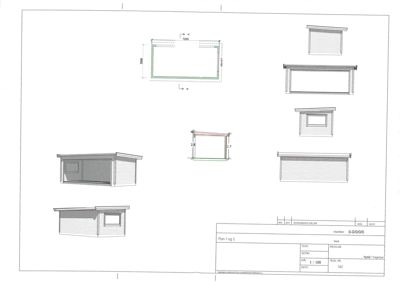 Bildet viser en 3D-visualisering (rendering) av et lite hus eller hytte sett fra flere vinkler, inkludert fasader og et snitt. Det er også tegnet inn mål på taket.