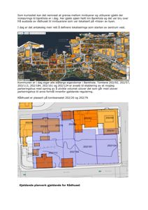 Bildet viser en flyfoto-oversikt over Bankhola med overlagte tomtenummer (fargekodet) og tekst som forklarer lokaliseringsvalg for et mulig parkeringshus og rådhuset.