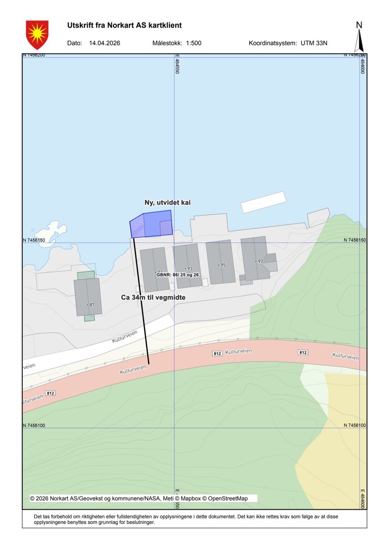 Kartutsnitt (kartklient) som viser tomt, nabolag, vegnett og topografi.