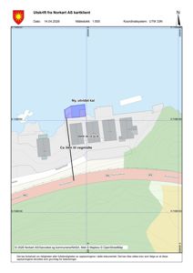 Kartutsnitt (kartklient) som viser tomt, nabolag, vegnett og topografi.
