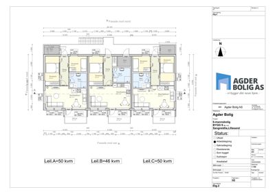 Etasjeplan (Etg. 2) som viser romfordeling, mål og fasader for tre leiligheter i en 6-mannsbolig.