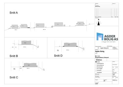 Snittegning (Snitt A, B, C, D) som viser bygningens høydeprofil i forhold til terrenget.