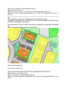 Situasjonsplan som viser plassering av bygningene (Bygg 8 og Bygg 9) i forhold til omgivelsene, inkludert vei, parkeringsplasser og andre bygninger.