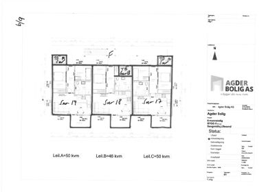 Etasjeplan som viser romfordeling og areal for tre leiligheter (Leil. A, B og C) i et 6-mannsboligprosjekt.
