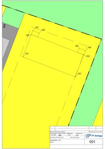 Situasjonsplan som viser etasjens plassering i forhold til naboeiendommer (grønn og grå felter) og eiendomsgranser (svarte linjer). Tegningen er merket 'Asfalt Bk 1.2.2' og har en målestokk på 1:200.