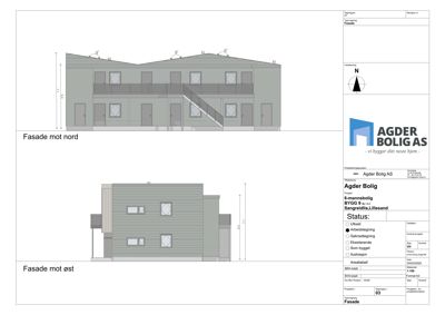 Fasadetegning som viser bygningens utseende sett fra nord og øst.