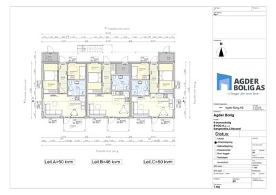 Etasjeplan (1. etg) for en 6-manns bolig med romfordeling, mål og fasader.