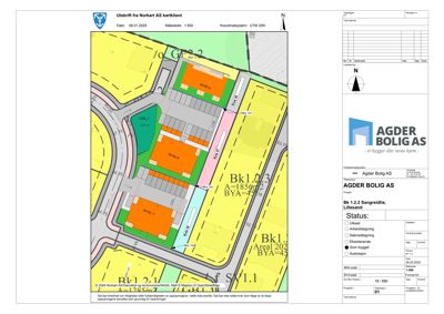 Situasjonsplan (kart) som viser tomt, bygninger, veier og arealdata.