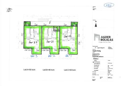 Etasjeplan for en 6-mannsbolig med tre leiligheter (A, B og C) og romfordeling.
