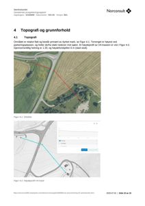 Bildet viser en rapportside med to figurer: Figur 4-1 er et ortofoto (fotografi) av et område, og Figur 4-2 er et kart med høydeprofil.