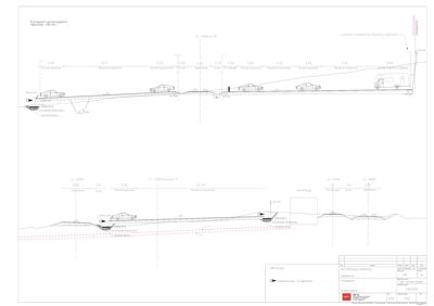 Snittegning av et parkeringsanlegg som viser høydeprofil, overflatebehandling og plassering av kjøretøy.