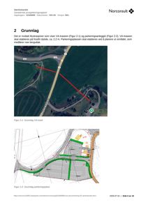 Bildet viser en side fra en geoteknisk prosjekteringsrapport som inneholder et flyfoto (Figur 2-1) og en situasjonsplan (Figur 2-2) for VA-trase og parkeringsanlegg.