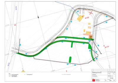 Situasjonsplan som viser tomtens grenser, eksisterende og planlagt infrastruktur (veier, vannledninger), samt bygningsplasseringer og arealbruk.