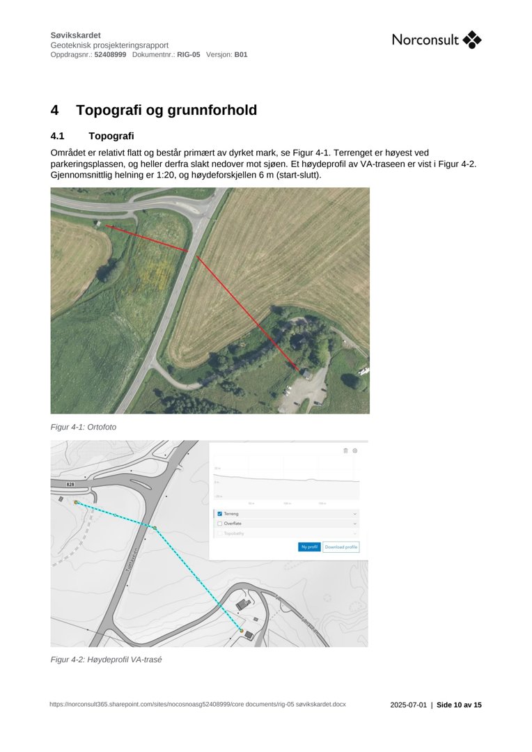 Et ortofoto (topografisk bilde) av et område med en markert trasé, samt en høydeprofil for samme trasé.