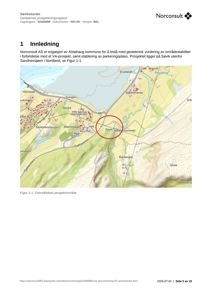 Oversiktskart over prosjektområdet i Sandnessjøen, inkludert topografi og veier.
