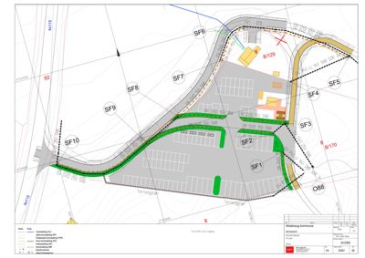 Situasjonsplan som viser tomtens form, grenser (SF1-SF10), plassering av bygninger, parkeringsplasser og infrastruktur.