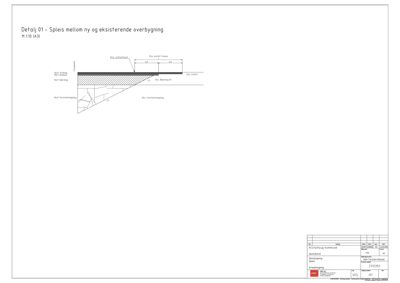 Detaljtegning som viser hvordan en ny overbygning skal spiles sammen med den eksisterende bygningen, inkludert konstruksjonsdetaljer og nivåer.