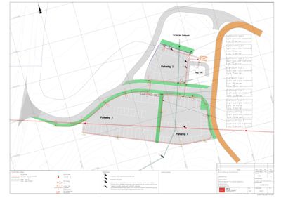 Situasjonsplan som viser parkeringsanlegg (Parkering 1, 2 og 3) med tilhørende veier, adkomstveier og tekniske detaljer for asfaltering.
