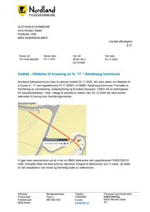 Et situasjonskart som viser en planlagt kryssing av veg FV17 med en kabelløsning (rød linje) i Alstahaug kommune.