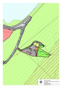 Situasjonsplan som viser et utvalg av en planlagt parkeringsplass i forhold til veier, vann og annen terrengform.