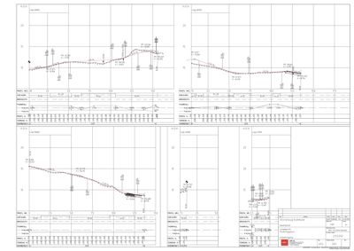 Tegninger som viser detaljerte profileringer (høydekurver) for ulike deler av et prosjekt, med målinger og notasjoner.