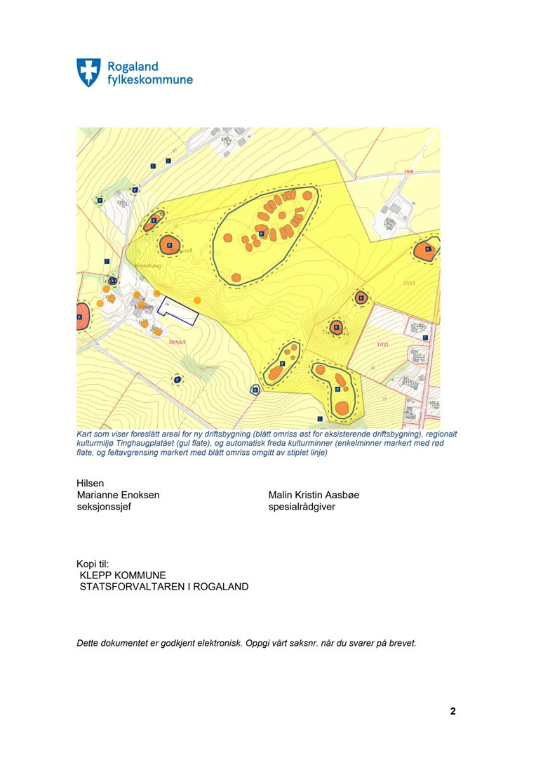 Kart som viser foreslått areal for ny driftsbygning, kulturmiljø Tinghaugplatået og feltavgrensning.