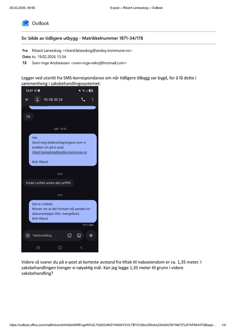 Et skjermbilde av en e-post som inneholder et utsnitt av SMS-korrespondanse og tekst om byggesak.