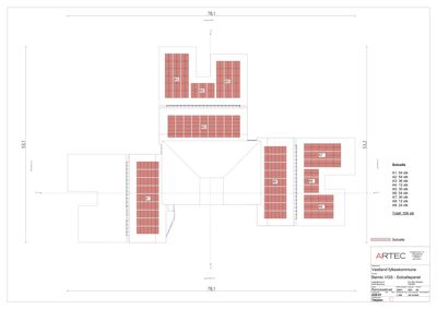 Etasjeplan som viser plassering og dimensjoner av solcellepaneler (A1-A8) på en bygning.