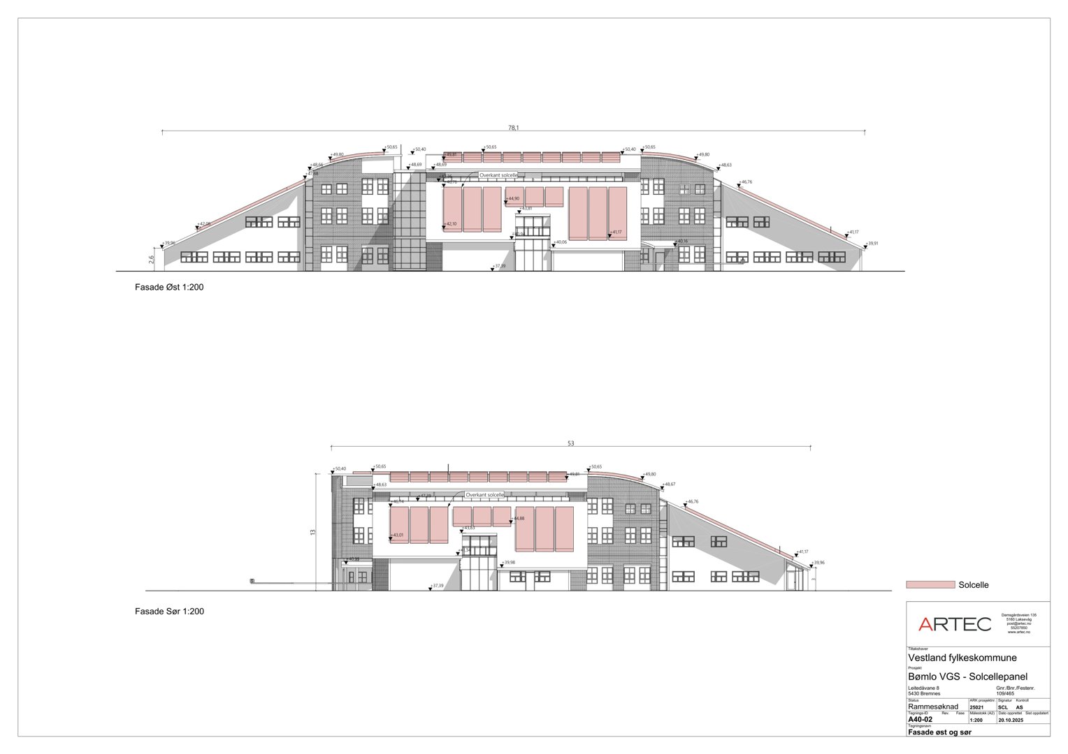 Fasadetegning som viser bygningens utseende fra øst og sør med mål og detaljer.